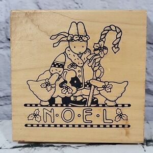 Vintage 90s Daisy Kingdom Rubber Stamp Christmas Noel Bunny Shepherd 4.5" Wood